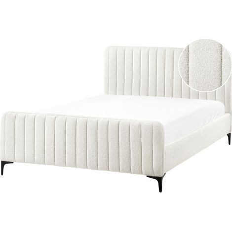 Cama con somier de bouclé con cabecero acolchado patas de metal blanco crema 140 x 200 cm Lunan