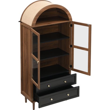 Aparador moderno de MDF y vidrio color nogal con puertas de vidrio y estantes regulables (1/5)