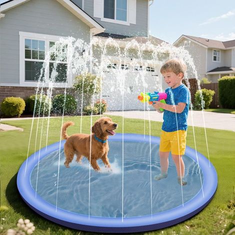 Pataugeoire pour Chiens, 100CM Jeux d'eau Enfant Exterieur, Piscine Pliable et Portable en PVC, Piscine pour Chien Solide avec Éclaboussures et Antidérapant, Tapis de Glisse Eau Enfant - Bleu
