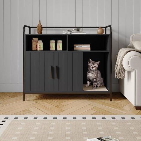 Meuble cache litière pour chat – Armoire toilette intérieure design – Cadre métal, étagères rangement, entrée latérale, immense capacité, ventilation – Mobilier dissimulé pour bac à litière – Noir