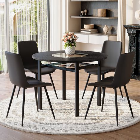 Minimalistisches rundes Tischset mit 4 schwarzen PU-Stühlen, 100 cm, schwarze Holzoptik (1/5)