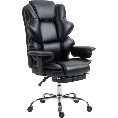 Chaise de bureau avec repose-pieds et repose-tête, en cuir PU, mousse et métal, 76x73x117-125 cm, noir (1/5)