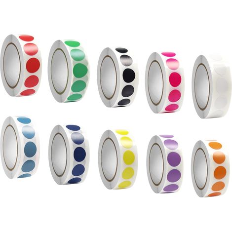 Confezione da 10 rotoli da 1000 adesivi rotondi (13 mm) - Etichette adesive rotonde - Punti adesivi bianchi - Per calendari, agende, diari (10 colori)
