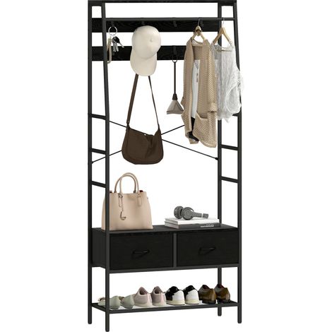 Porte-manteau avec étagère à chaussures, portant de style industriel, 2 tiroirs en tissu, 8 crochets, structure en métal, noir