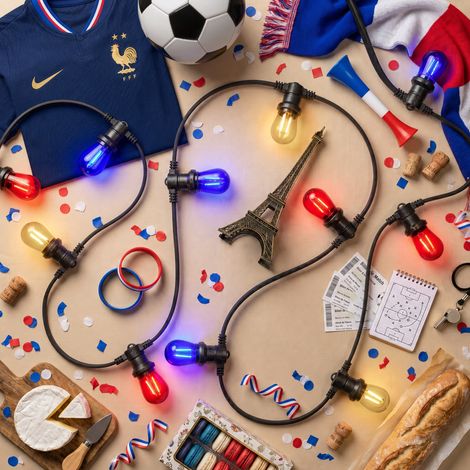 Guirlande Guinguette 20M 20 Bulbes Filament France - Guirlande Lumineuse Ampoule E27 Bleu Blanc Rouge - Édition Coupe du Monde - Guirlande Guinguette Led Filament rétro (1/5)