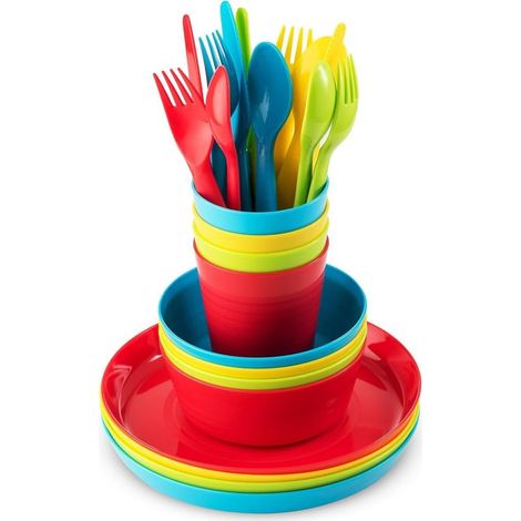 24 Pièces Vaisselle en Plastique Réutilisable, 4 x Incassables Enfants Assiettes et Saladiers, 4 x 240ml Gobelets, 4 x Réutilisables Couteaux, Fourchettes et Cuillères - pour Céréales Soupes (1/5)