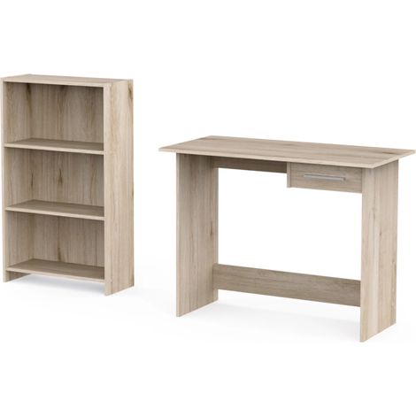 set scrivania con cassetto e libreria 3 ripiani rovere (1/4)