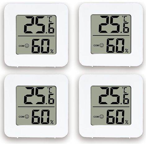 Set mit 4 weißen Hygrometern für den Innenbereich, LCD-Anzeige, präzise Temperatur-/Luftfeuchtigkeitsmessung, für Baby-/Bürogebrauch