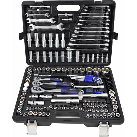 Adler Juego de llaves de vaso 1/2"-3/8"-1/4" 150 piezas, herramienta profesional para montaje y mantenimiento mecánico, recubrimiento protector, estuche compacto, materiales resistentes, color metálic