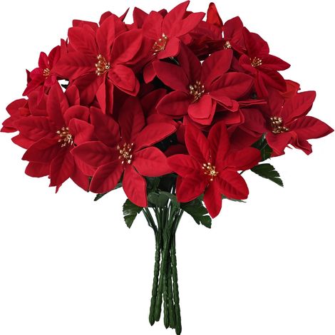 Poinsettia - Artificielle - 15 Pouces - Velours Rouge - Pour Décoration Intérieure Extérieure Noël - Lot de 5 (1/4)