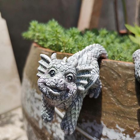 Lot de 4 statues de dragons 3D pour jardin, sculptures de dinosaures, figurines artisanales à suspendre dans un pot de fleurs pour la maison, le jardin ou la pelouse. (1/4)