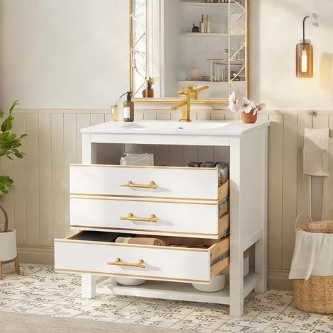 Meuble sous vasque en MDF laqué blanc et or 2 tiroirs et étagère (1/5)