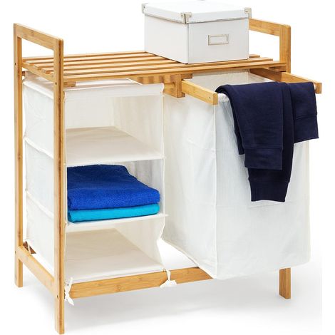 Panier à linge LINEA coffre pliable en bambou Corbeille lessive salle bain 40L 77 x 69,5 x 36 cm compartiments, nature (1/5)
