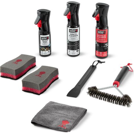 Kit de nettoyage barbecue Weber Q et Pulse – Brosse inox, grattoir cuve, spray nettoyant grilles et surfaces inox – Lot de 2 éponges microfibre