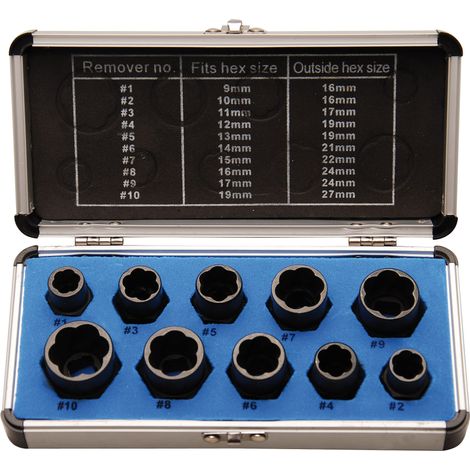 Jeu de douilles spiralées/extracteur de vis 10 mm (3/8") profil hélicoïdal 9-19 mm 10 pièces