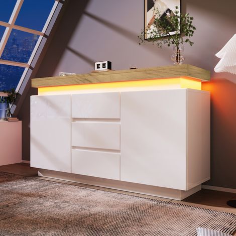 Kommode, Hochglanz Sideboard mit 2 Türen und 3 Schubladen, LED Beleuchtung (App Control), Mehrzweckschrank für Wohnzimmer und Schlafzimmer, 81 x 140 x 39 cm, Weiß