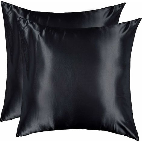 Taie d'oreiller Satin 60x60 Lot de 2 Lisse Elégant Housse Oreiller Carré Confort Soyeux Peau Frais Eté Fermeture Eclair Maison Hôtel, Noir (1/5)