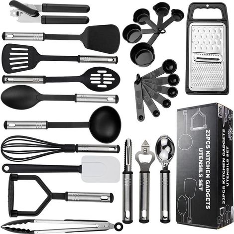 Nsihing Ustensiles de cuisine silicone nylon 25 pièces – Ensemble complet spatules cuillères cuisson résistantes chaleur noir (1/4)