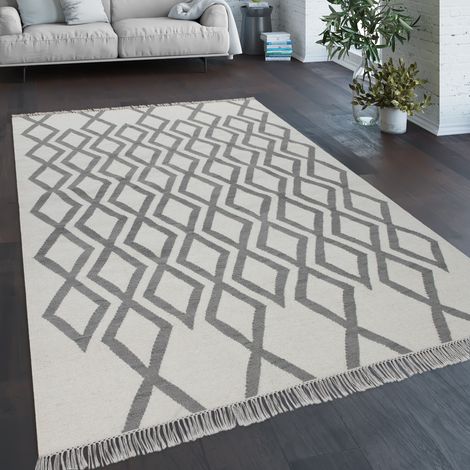 Paco Home Tappeto per soggiorno stile boho frange intessuto a mano mix di lana e cotone grigio 80x150 cm