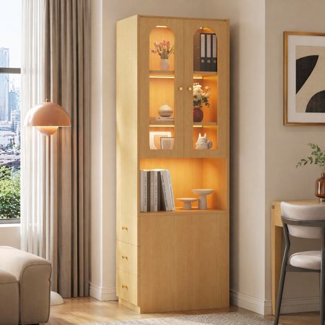 MEUBLIV Bibliothèque haute 60x40x200 cm brun clair – vitrines en verre, LED (1/5)