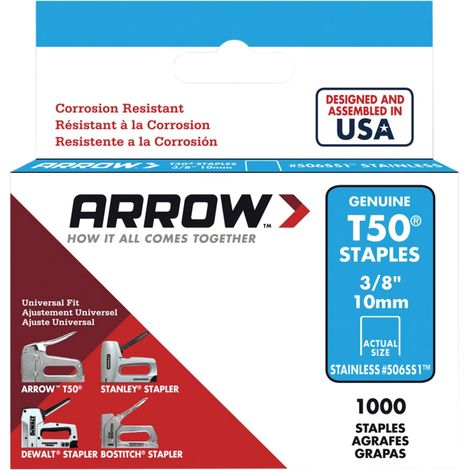 Arrow T50 Staples 10mm (3/8 inch) Stainless Steel for Heavy-Duty Stapling – Pack of 1000 (Model 506SS)