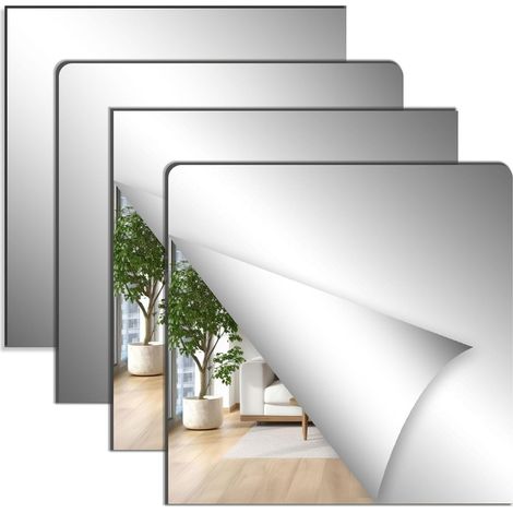 Lot de 4 miroirs autocollants 30x30cm, acrylique flexible pour salon, chambre, salle de bain ou porte. (1/5)