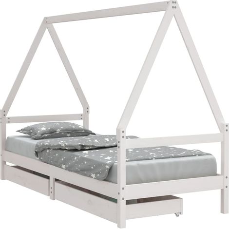 Lit simple Cadre de lit enfant tiroirs blanc 80x200 cm bois de pin massif