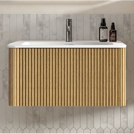 Meuble vasque mural 81x46,5x37 cm en MDF chêne, rangement intégré pour petits espaces – MEUBLIV (1/5)