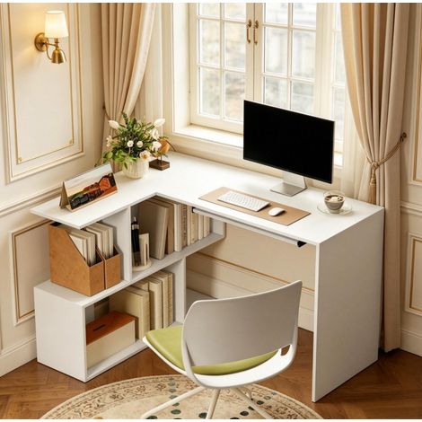 Bureau d'angle informatique en L, blanc effet bois, avec étagères de rangement et tablette coulissante pour clavier, compact pour petit espace, 120 x 100 x 76 cm CHICFURN (1/5)