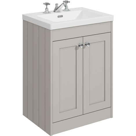 Balterley Butterton 600mm Floor Standing 2 Door Unit with Minimalist Basin 3 Tap Hole - Pebble Grey (1/4)
