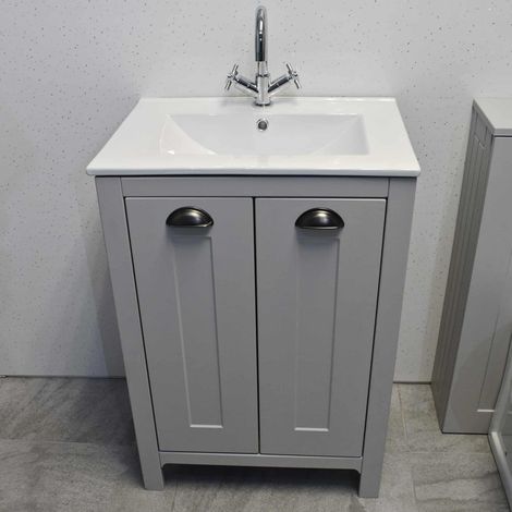 Derby 600mm Bathroom Vanity Unit with Ceramic Basin Sink - Light Grey Oak, No Tap (1/3)