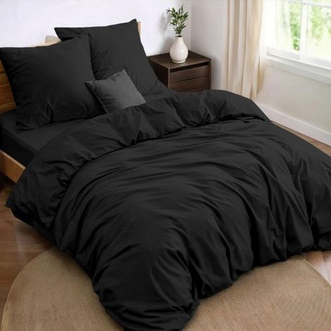 Parure de Lit 160x200 4 Pièces Noire Microfibre Douce (1/5)