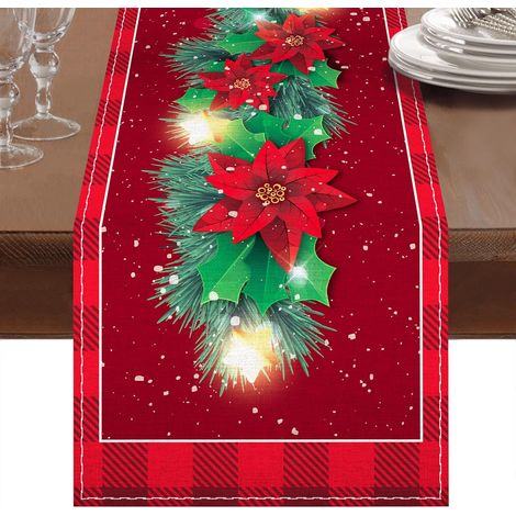 Chemin de table de Noël 183 x 33 cm, chemin de table en lin rouge à motifs de fleurs rouges, de feuilles vertes et de flocons de neige, idéal pour la décoration de fêtes à la maison, en intérieur comm (1/5)