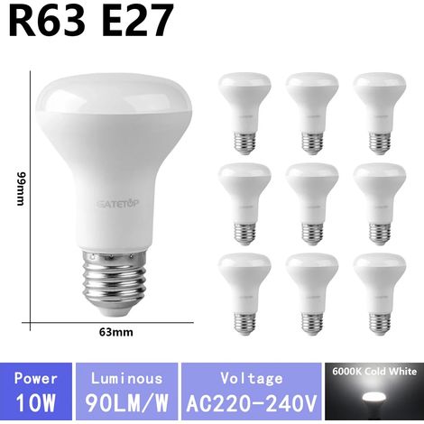 (R63 6000K, AC220V-240V) 10 ampoules LED haute luminosité, adaptées à l'éclairage de salle de bain, sans scintillement, pour une utilisation domestique. (1/4)