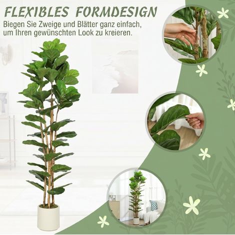 Arbre artificiel Figuier lyre avec 91 feuilles, tronc en bois massif, pot blanc, 55 x 55 x 180 cm (1/5)