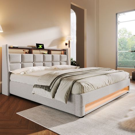 Cama tapizada vintage moderna 160x200 cm beige, con cabecero USB, LED, arcón elevable y somier de láminas (1/5)