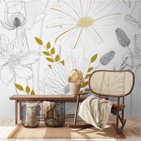 Photo wallpaper Profhome 392131 hot embossed non-woven wallpaper smooth with floral pattern matt white black yellow 1.59 m x 2.8 m (1/4)