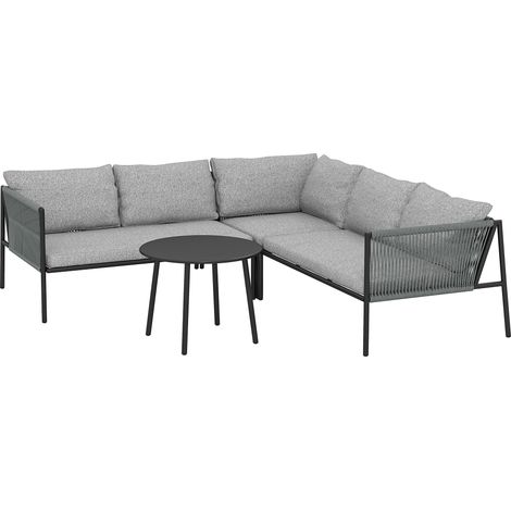 Salon de jardin polyrotin canapé d'angle gris foncé avec table et coussins 6 personnes