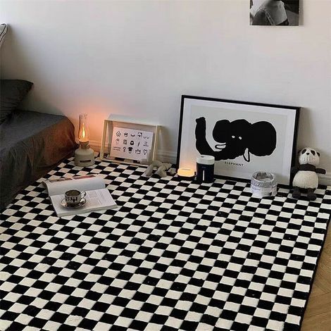 Kreativer Teppich mit Persönlichkeit, karierter Teppich für Wohn- oder Schlafzimmer, schlichter schwarz-weißer Gitterteppich, frisches quadratisches Sofakissen, dekorative Teppiche für Zuhause (Schwar (1/4)