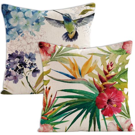Ensemble de 2 housses de coussin décoratives à motifs floraux tropicaux, palmiers, feuilles et perroquets. Dimensions standard carrées : 45,7 x 45,7 cm (18 x 18 pouces). (1/5)