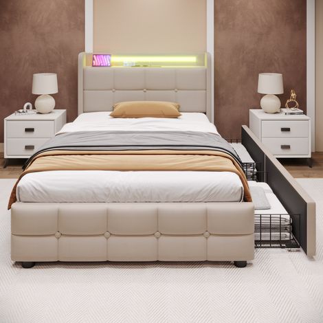 Polsterbett Leinen Beige 90x200 cm mit LED-Beleuchtung, USB & Steckdosen, 2 Schubladen und Lattenrost (1/5)