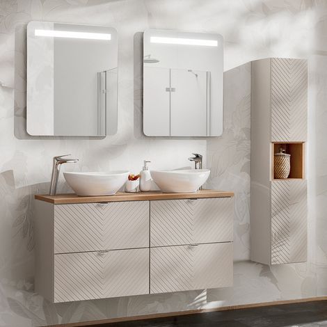 Conjunto de muebles con doble lavabo 120cm espejos LED y columna Manoa Cachemira y madera (1/4)