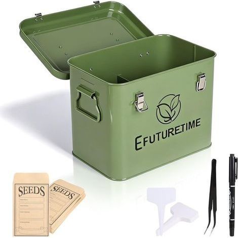 Boîte à Graines Potager en métal 20,5×13,5×16cm, Boîte de Rangement à Graines avec Couvercle, 30 Étiquettes pour Plantes 30 Enveloppes de Graines, Idée Cadeau Jardinage, Vert (1/5)