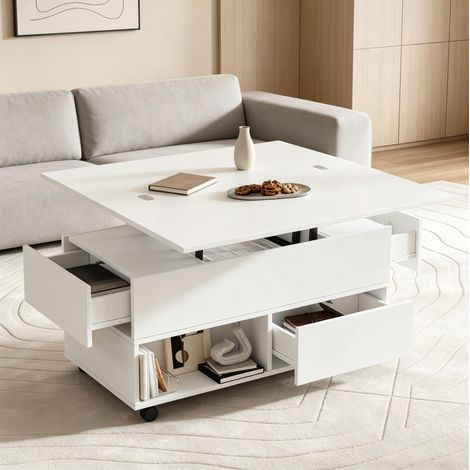 Mesa de centro de tablero de partículas blanca 100 x 50 x 52 cm, elevable, 4 cajones, 4 ruedas (1/5)