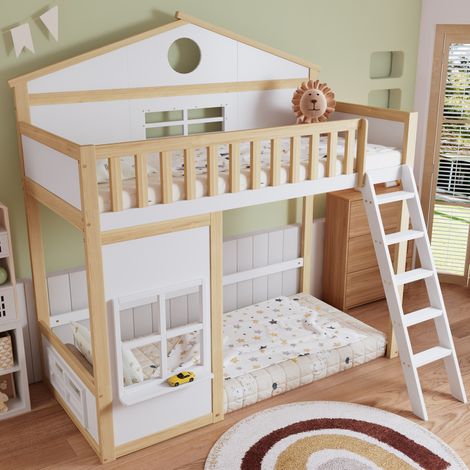 Letto a Castello 90x200 cm con Struttura in Legno Massello e MDF con Tetto e Finestre (1/5)