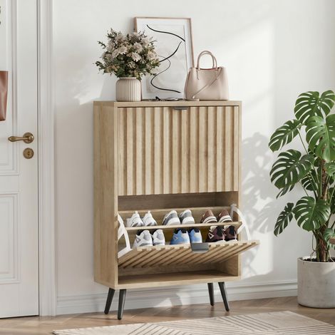 Schuhschrank 60 cm breit - schuhkipper freistehend mit 2 kippfächern und verstellbaren böden im mid-century-stil aus mdf in holzoptik eiche natur für flur und eingangsbereich (1/5)