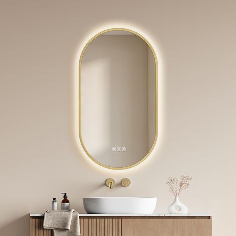 EMKE LED Badezimmerspiegel 75 x 45 cm in ovaler Kapselform, Badspiegel mit Beleuchtung, Antibeschlag, Dimmbar, 3 Lichtfarben Gold (1/5)