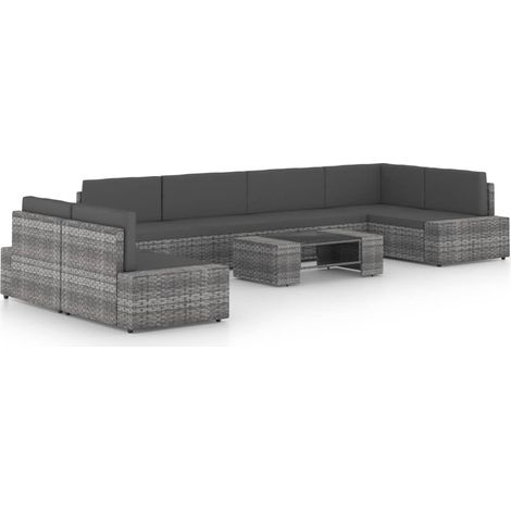 8-tlg. Garten-Lounge-Set mit Kissen Grau Poly Rattan