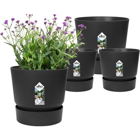ELHO Lot de 2 pots de fleur rond Greenville - Ø14xH13,4 cm et Ø16xH15,3 cm - 7 L - Noir (1/4)