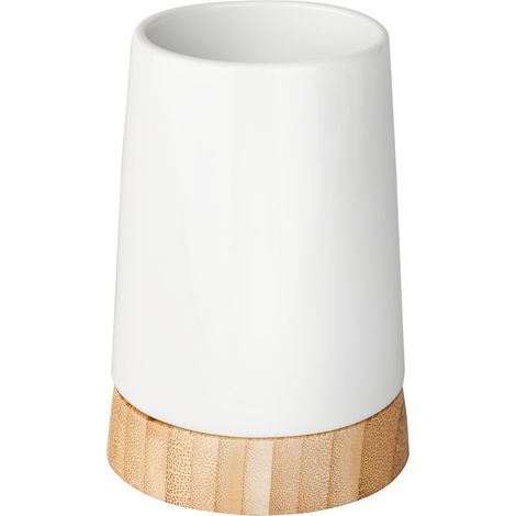 WENKO Porte Brosse à Dent, Gobelet Salle de Bain, Bamboo, Céramique - Bambou, Ø 8,5x11,6 cm, Blanc - marron (1/4)